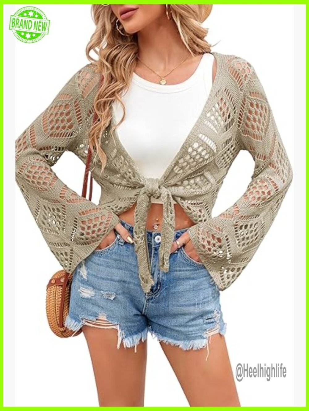 Sheer Crochet Coverup Swimwear Top Long Sleeve Tie Front Boho